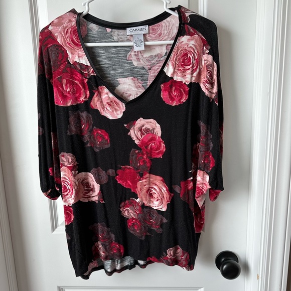 Black top with pink and red flowers - Picture 1 of 5